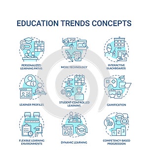 Education trends turquoise concept icons set