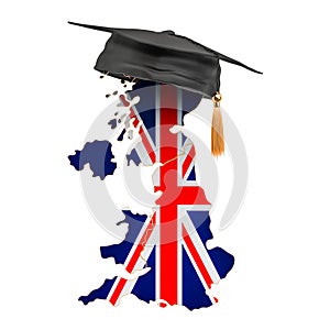 Education in the United Kingdom concept. British map with graduate cap, 3D rendering