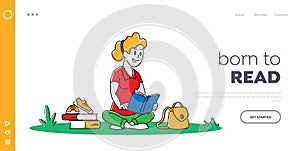 Education in University or College Landing Page Template. Young Woman with Book Sitting on Grass Prepare to Examination