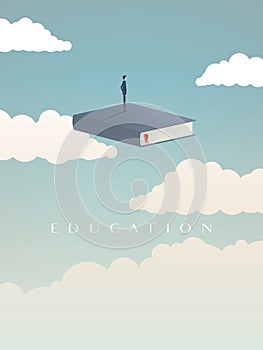 Education vector concept. Businessman or student standing on book looking at future. Symbol of career, job, graduate