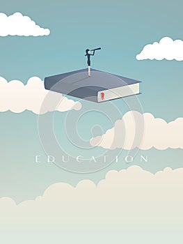 Education vector concept. Businesswoman or student standing on book looking at future. Symbol of career, job, graduate