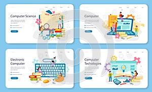 IT education web banner or landing page set. Student write software