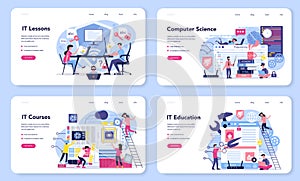 IT education web banner or landing page set. Student write software