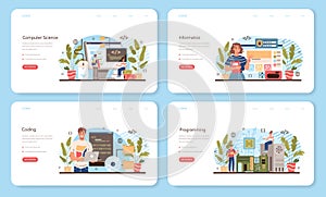 IT education web banner or landing page set. Student write software