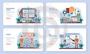 IT education web banner or landing page set. Students learn programming