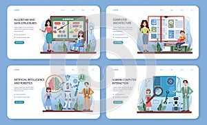 IT education web banner or landing page set. Students learning