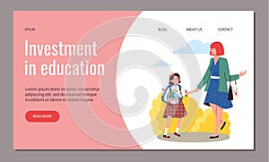 Education web banner with mother takes child to school, flat vector illustration.