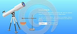 Education Web Banner Telescope and Metal Retort