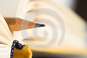 Education and wisdom concept - Macro view of book with pencil