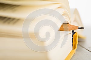 Education and wisdom concept - Macro view of book with pencil