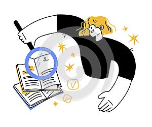 Education with Woman Character with Magnifying Glass Studying and Learning Discipline Vector Illustration