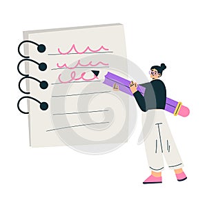 Education with Woman Character Write with Huge Pencil Learning and Study Vector Illustration