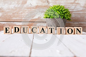 EDUCATION word. Alphabets written on wooden block