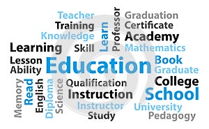 Education word cloud. Blue and vector illustration poster banner.