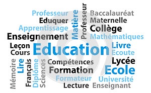 Education word cloud. French language. Blue and vector illustration poster banner.