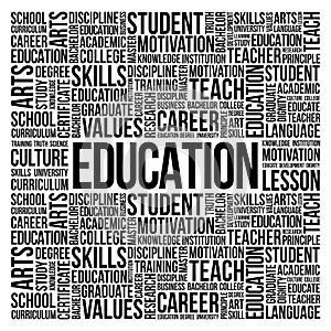 Education word cloud - process of facilitating learning, acquisition of knowledge, skills, values, morals, beliefs, habits, and