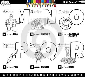 educational alphabet letters cartoon set from M to R coloring page