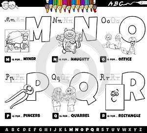 educational alphabet letters cartoon set from M to R coloring page