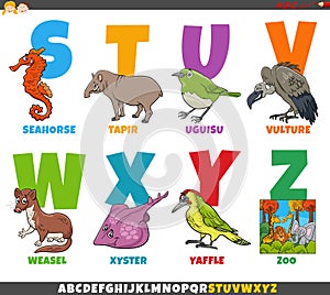 educational alphabet set with cartoon animal characters