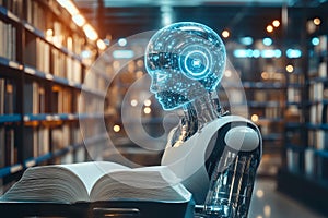 Educational artificial intelligence: robot with books in the library photo
