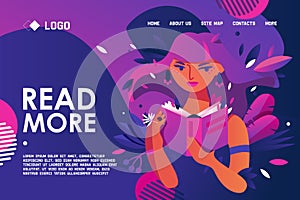 Educational banner for bookstore or library about love to read and reading people. Young woman holding paper book in vivid bright