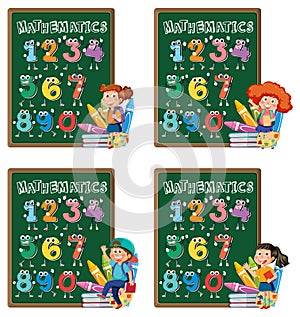 Educational boards with children and numbers