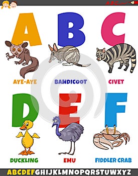 Educational cartoon alphabet collection with comic animals