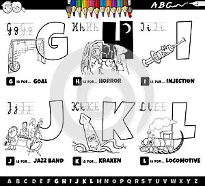 educational cartoon alphabet letters set from G to L coloring page