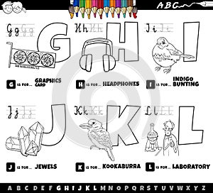 educational cartoon alphabet letters set from G to L coloring page