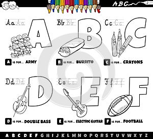 Educational cartoon alphabet letters set from A to F coloring book page