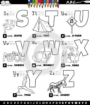 Educational cartoon alphabet set from S to Z color book page