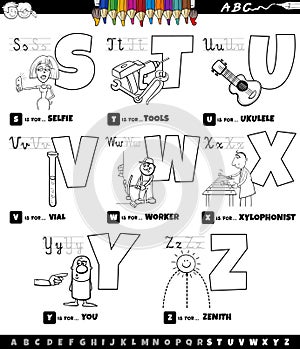 educational cartoon alphabet set from S to Z color book page