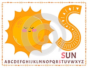 Educational cartoon illustration of letter S from alphabet with Sun character