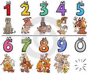 Educational cartoon numbers set with dogs animal characters