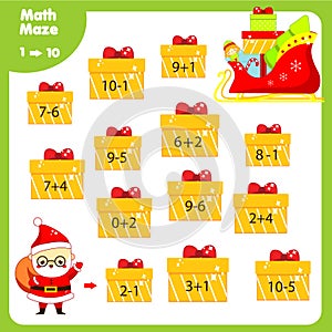 Educational children game. Christmas Mathematics maze. Labyrinth with equations from one to ten. Help Santa Claus find gifts. New