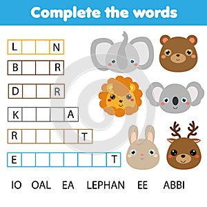 Educational children game. Complete the words kids activity. Animals theme. Learning vocabulary