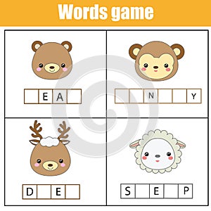 Educational children game. Complete the words kids activity. Animals theme. Learning vocabulary