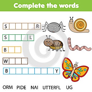 Educational children game. Complete the words kids activity. Insects theme. Learning vocabulary