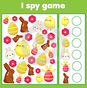 Educational children game. I spy sheet for toddlers. Find and count Easter activty for kids