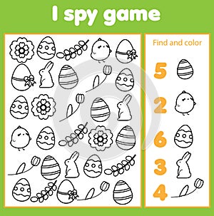 Educational children game. I spy sheet for toddlers. Find and count Easter icons. Early educations for kids