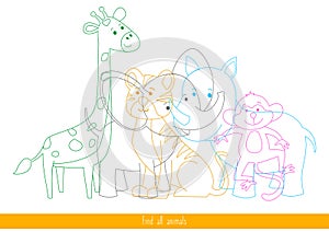 Educational children game. Logic game for kids. Find all animals