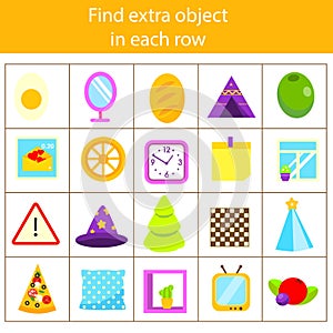 Educational children game. Logic game. What does not fit type. Find odd one, extra object fun page for kids and toddlers.