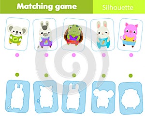 Educational children game. Match animals with silhouette. Fun page for toddlers. Study shapes and shadows