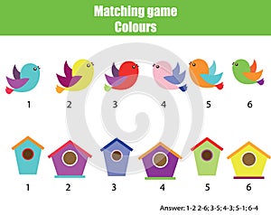 Educational children game. Match by color. Find pairs of birds and birdhouse