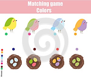 Educational children game. Match by color. Find pairs of birds and nests photo