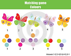 Educational children game. Match by color. Find pairs of butterflies and colors