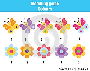 Educational children game. Match by color. Find pairs of butterflies and flowers