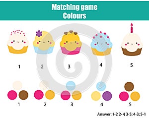 Educational children game. Match by color. Find pairs of cupcakes and colours