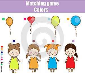 Educational children game. Match by color. Find pairs of kids and balloons