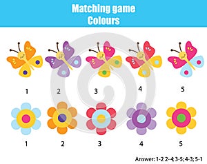 Educational children game. Match by color. Find pairs of butterflies and flowers photo